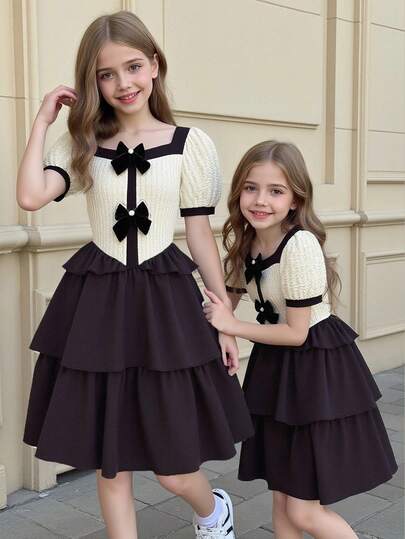 Elladie kids Girls' Colorblock Elegant Bow Cake Skirt, Suitable For Gatherings, Birthdays, Parties, And Daily Wear, Summer Black And White Kids Church Dress Mom Daughter Matching Dress Twin Girl Dresses Black And White Kids Dress Kids Formal Dress Girls Matching Dresses