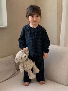 DAZY 女婴格子印花长袖衬衫和宽松长裤睡衣套装（2件套） - 藏蓝色 - 查看 4