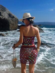 Opulessa Minigonna elegante lavorata a maglia con paillettes e rete, adatta per vacanze al mare, casual, vacanze estive, vacanze per donne, elegante, uscite, feste, spiaggia per donne, vacanze estive, carnevale - Bordò - Visualizzare 2