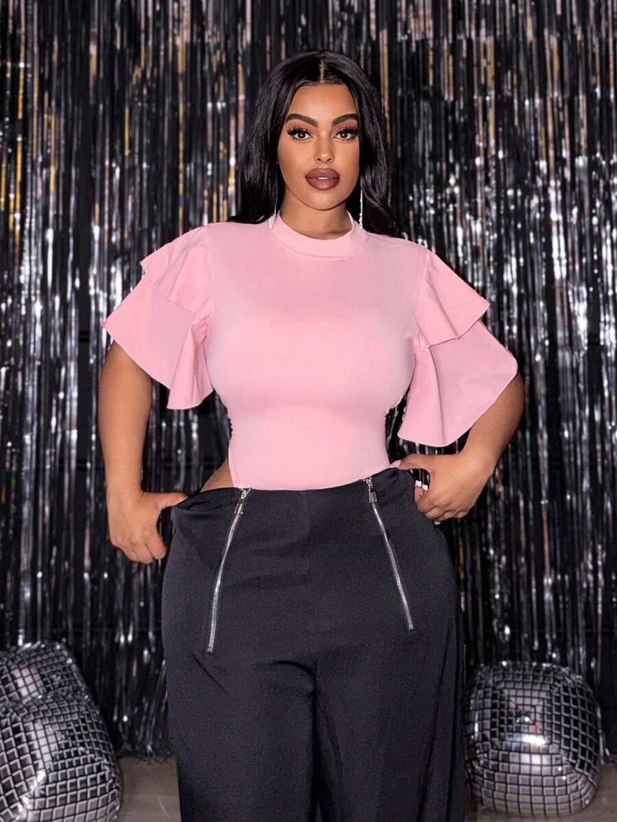 Slaydiva Plus Size Ruffle Patchwork Sleeve Bodysuit - Pink - View 1