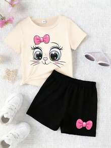 2件套女童时尚可爱蝴蝶结小猫印花圆领短袖T恤上衣和短裤套装，杏色上衣搭配黑色短裤，适合春夏休闲外出穿着。 - 彩色 - 查看 3