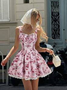 SHEIN MOD 女士碎花褶皱系带休闲迷你连衣裙 - 彩色 - 查看 4