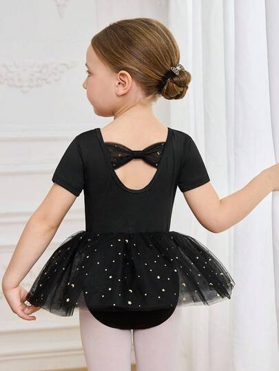 少女优雅可爱金属星形图案网纱专业芭蕾舞裙，后背蝴蝶结设计，公主泡泡袖舞蹈紧身衣