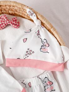 SHEIN 5件套新生儿男女宝宝信封领大象印花连体衣+松紧腰全印花裤+帽子、手套和围兜，休闲舒适柔软套装，适合夏季日常穿着或居家穿着 - 淺粉色 - 查看 6