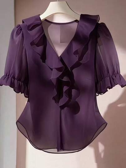 Rometta 2026 Plus Size Women's Spring Fashion Casual Simple Versatile Purple Chiffon Blouse With Ruffled Collar And Cuffs In V-Neck Design, Suitable For Spring And Summer Wear