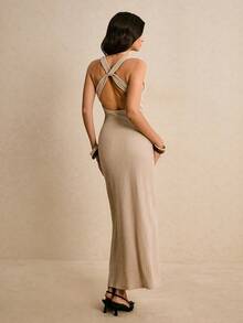 Poéselle Women's Casual Textured Metal Decor Dress, Summer - Beige - View 2