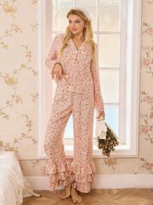 French Romantic Ditsy Floral Women Pajama Set - Multicolor - View 4