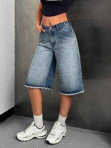 EURMUSE Quần short denim nữ ống rộng, dáng suông, có túi, đa năng, viền rách. - Rửa trung bình - Xem 3