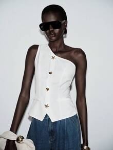 Lumivelle Women's Casual Metal Buckle Shoulder Top, Summer One Shoulder Tops Assymeyrical Top - White - View 6