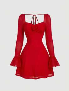 SHEIN MOD 红色花卉刺绣喇叭袖方领迷你连衣裙 - 紅色 - 查看 8