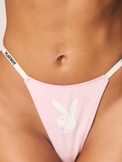 Missguided x Playboy Tanga de bikini con logo de conejo y cintura elástica con marca para ocasiones íntimas
