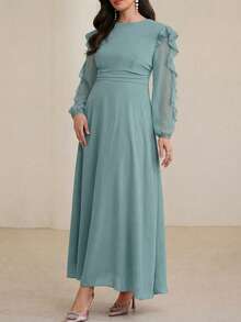 Modelyn Long Round Neck Ruffle Sleeve Black Dress - Blue - View 7