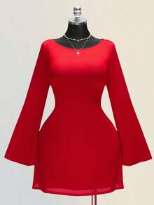 SHEIN ICON Plus Size Retro Sexy Elegant Women's Ball Party Evening Banquet Valentine's Day Outfit Round Neck Backless Swing Neck Flared Long Sleeve Bright Red Mesh Fitted Waist Flowing Skirt Dress - Red - View 2