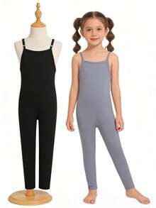2件套女童夏季无袖连体裤，2026新款，纯黑色和浅灰色，高弹力连体裤，适合夏季、春季作为外套或内搭穿着。 - 彩色 - 查看 1