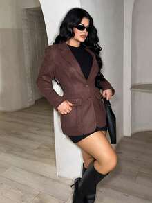 Dayanna Comas Faux Suede Multi-Pocket Long Sleeve Elegant Blazer Jacket - Brown - View 5