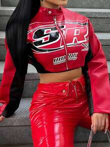 Dayanna Comas Autumn And Winter Casual Street Motorcycle Style Round Neck Long-Sleeved Ultra-Cut PU Women's Racing Crop Jacket - Multicolor - View 5