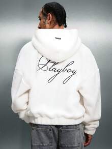 PLAYBOY X SUMWON Áo khoác nỉ Borg dáng rộng có khóa kéo toàn thân và dây rút ở mũ, giữ ấm mùa đông, kiểu dáng thường ngày. - Màu be - Xem 5