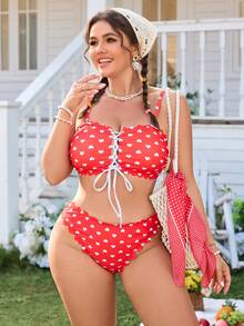 Swim Mod Plus Size Women's Summer Beach Heart Print Tie-Up Sexy Bikini Swimwear Set - Red and White - View 6