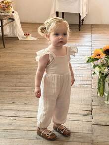 LMoss Kids Bộ áo liền quần dệt kim màu trơn cổ vuông xếp nếp cho bé gái - Màu be - Xem 4