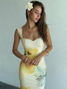 Aloruh 新款浪漫黄色渐变花卉网纱印花紧身弹力性感露背连衣裙，饰有蕾丝边 - 淡黃色 - 查看 6