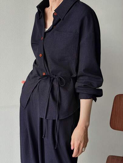 FRIFUL 女士纯色蓝色斜领衬衫和直筒宽松休闲裤两件套，春夏款