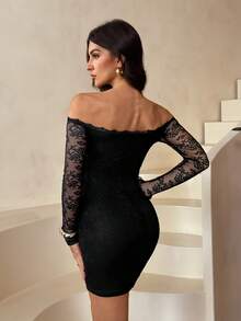 SHEIN Tall 女士性感优雅撞色蕾丝露肩修身迷你连衣裙，适合夜间外出、约会、聚会、秋季婚礼宾客等场合，黑色露肩连衣裙，黑色优雅连衣裙，派对礼服 - 黑色 - 查看 3