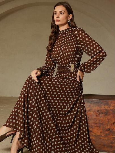 Aveloria Rosie 优雅波点飘逸连衣裙，金属腰带，胸部褶裥设计，长袖