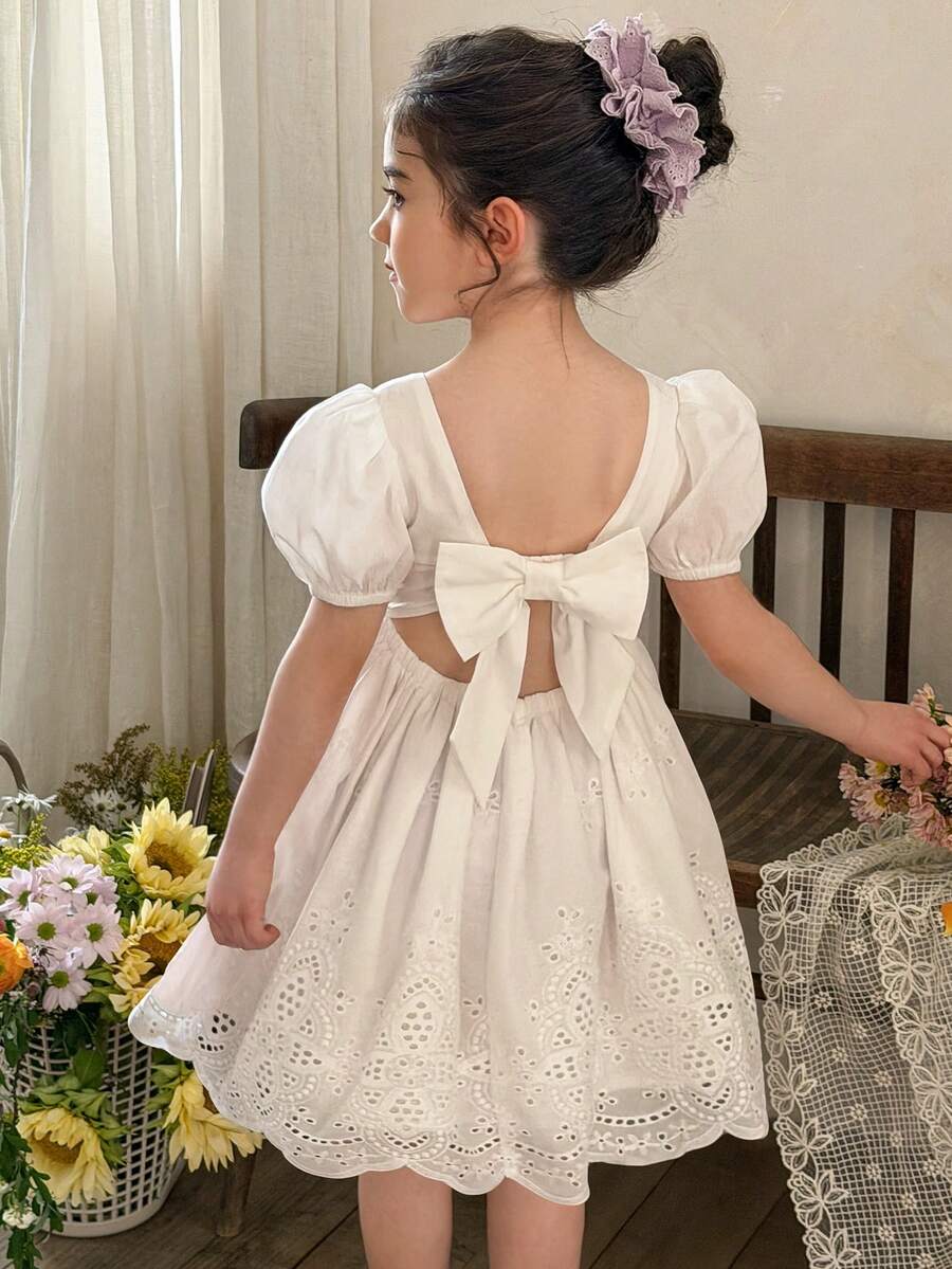 LMoss Kids 女童纯色方领泡泡袖休闲连衣裙 - 白色 - 查看 1