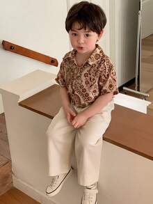 DAZY Toddler Boys' Allover Print Casual Turndown Collar Short Sleeve Vacation Top, Spring/Summer - Coffee Brown - View 9