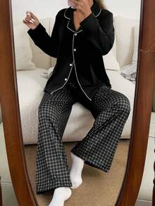 Dream Adore Conjunto de pijama a cuadros con cuello y decoración de botones para mujer de Doze Lane - Negro - Ver 6