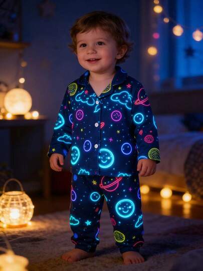 Babypojkepyjamas - 2-delat pyjamasset med rymdplanettryck, krage, långärmad pyjamastopp och matchande långbyxor, marinblå bakgrund, fyra säsonger, högtid 2026, oumbärligt, mysigt, festligt, lekfullt. Denna produkt kräver UV-ljusexponering för att lysa.