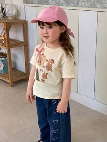 DAZY Toddler Girls' Round Neck Cartoon Christmas Bow Print Top - Apricot - View 7