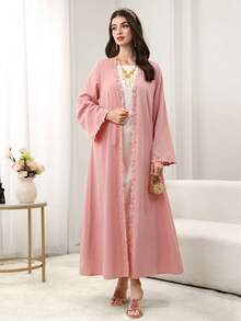 Yasmyna Women's Elegant Floral Lace Cloud Print Long Sleeve Arabic Abaya Robe, Spring/Summer - Pink - View 3