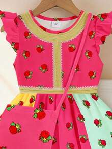 1pc Young Girl Sweet Middle Eastern Red Rose Print + Color Block Cap Sleeve Dress With Crossbody Bag, Lightweight, Cute Dress For Daily & Festivals, Summer - Multicolor - View 5