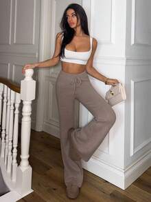 Ronhire Pantalones anchos de pierna ancha con cordón de punto, relajados, solo Bottom, otoño, dinero viejo, lindo estilo de cabaña campestre, de vuelta al colegio, pantalones casuales de salón para mujer, color caramelo, elegantes para fiesta de Año Nuevo - Caqui - Ver 3
