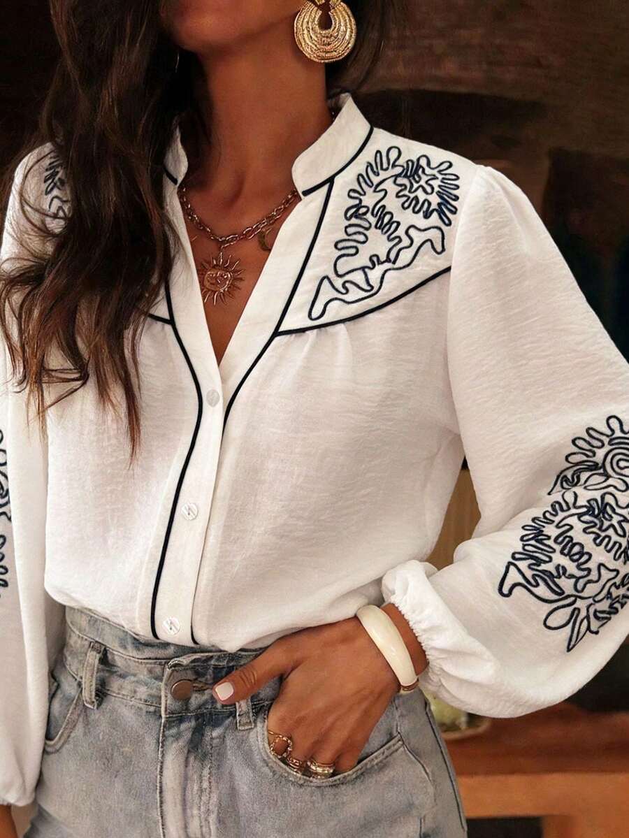 Louniche White & Blue Embroidered Long-Sleeve Shirt,Elegant Women's Blouses,Boho,Vacation,Holiday,White And Black,Autumn,Button Up Bohemian Style Casual Tops - White - View 1