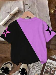 两件套可爱酷炫韩流女装图案拼接黑紫色短袖宽松上衣，适合女生，是节日、春、夏、秋、冬装的绝佳礼物。 - 黑色 - 查看 2