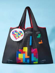 Tetris™ X SHEIN 1 Cute Cartoon Character Print Foldable Shopping Bag, Tote Bag, With Small Storage Bag With Bead Chain, Can Be Hung On The Bag. - Multicolor - View 2