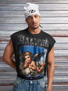 AXEPEAK Men's Casual Fashionable Street Rhinestone Angel Print Loose Tank Top - Black - View 3
