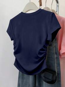 SHEIN Áo thun nữ tay ngắn ôm eo, xếp ly, in chữ Italy, họa tiết kẻ sọc. - Màu xanh hải quân - Xem 2