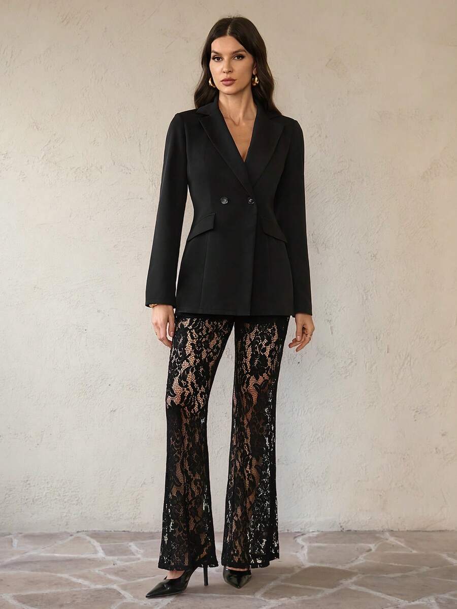 SHEIN Tall Women's Elegant Loose Double-Breasted Long Sleeve Blazer Jacket And Flared Lace Pants Set, Spring/Autumn Black Suit - Black - View 1