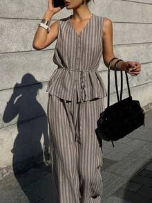 DAZY Women's Casual Striped Sleeveless Shirt And Pants Suit, Summer - Brown - View 2