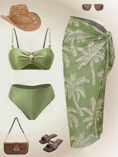 Swim Oasis 女士绿色特殊面料彩色石头椰子装饰裙泳衣套装，度假