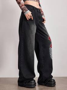 ROMWE Grunge Punk Women's Chinese Dragon & Floral Embroidered Pocket Wide Leg Loose Casual Jeans - Black - View 6