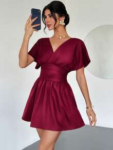 Firerie 女士优雅休闲简约通勤日常办公仿亚麻纯色收腰A字连衣裙 - 紅色 - 查看 1