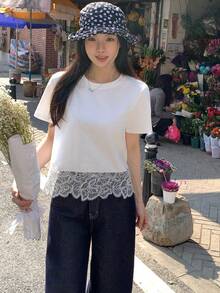 DAZY Women's Round Neck Lace Patchwork Short Sleeve Casual Chic Korean Style T-Shirt, Spring/Summer - White - View 1