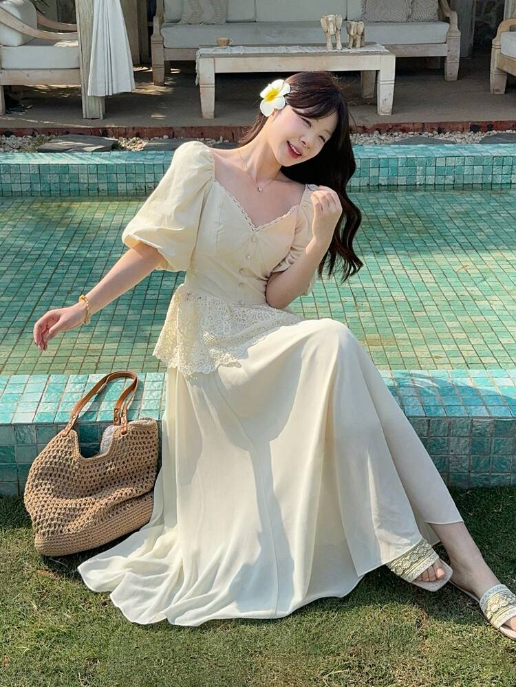 Women's V-Neck Lace Puff Sleeve Korean Style Lace Ruffle Hem Chiffon Skirt Elegant 2-Piece Set