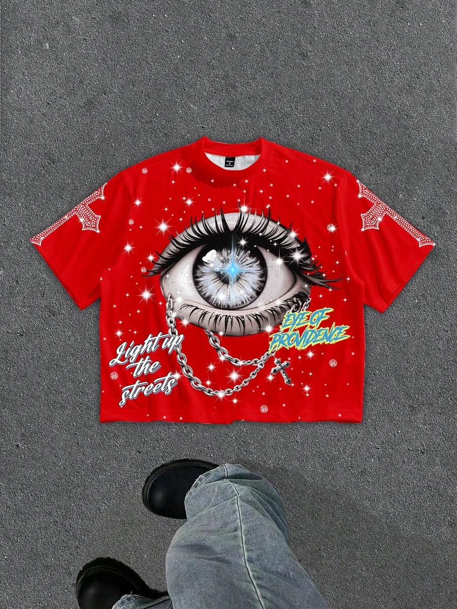 Manfinity Roghcode 男士字母和眼睛印花短袖露脐T恤 - 紅色 - 查看 1