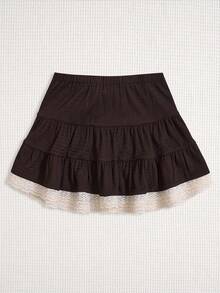 Sweetra 时尚优雅甜美少女风美拉德棕色系带串珠腰A字裙摆蕾丝点缀法式春夏新款女裙 - 棕色 - 查看 2