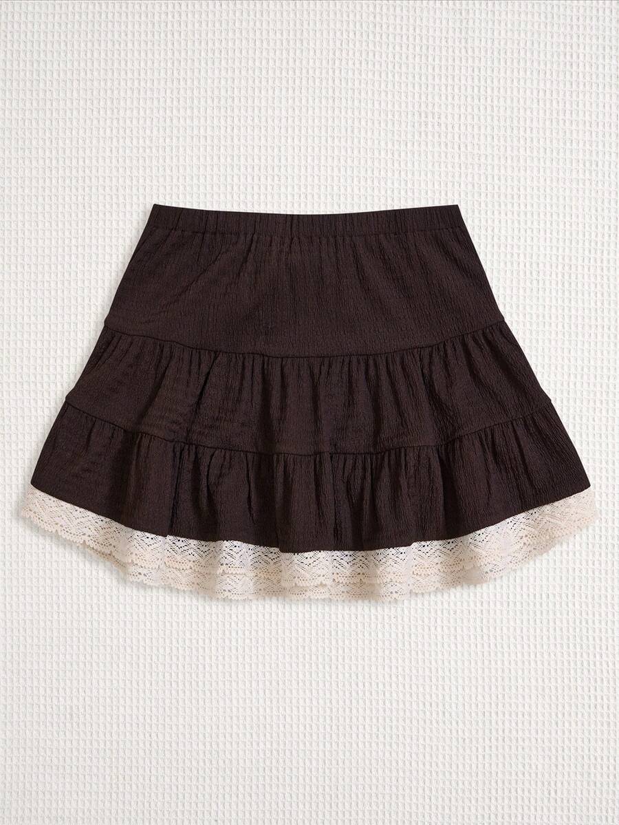 Sweetra Falda de mujer de estilo francés con diseño de línea A, acento de dobladillo de encaje, cintura con cuentas y cordones, elegante y de estilo dulce, nueva para primavera/verano - Marrón - Ver 1